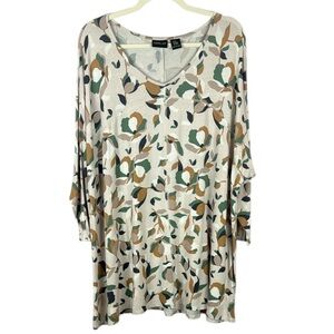 Rachel Zoe Cream Green Brown Floral 3/4 Sleeve Tunic Size 2X
